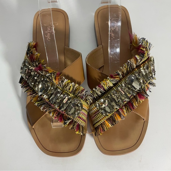 Crown Vintage Somaya Fringe Boho Jeweled Slip on Leather Open Toe Sandals Tan 9M - Picture 4 of 16